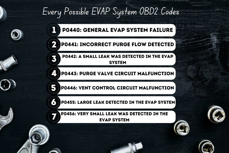 a infographic for Every Possible EVAP System OBD2 Codes