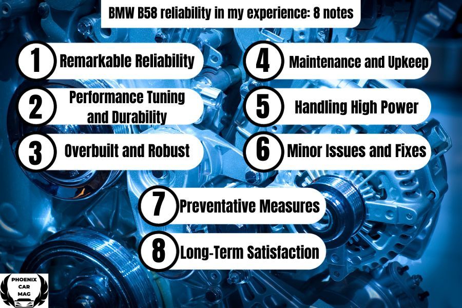 infographic about BMW B58 reliability in my experience: 8 notes