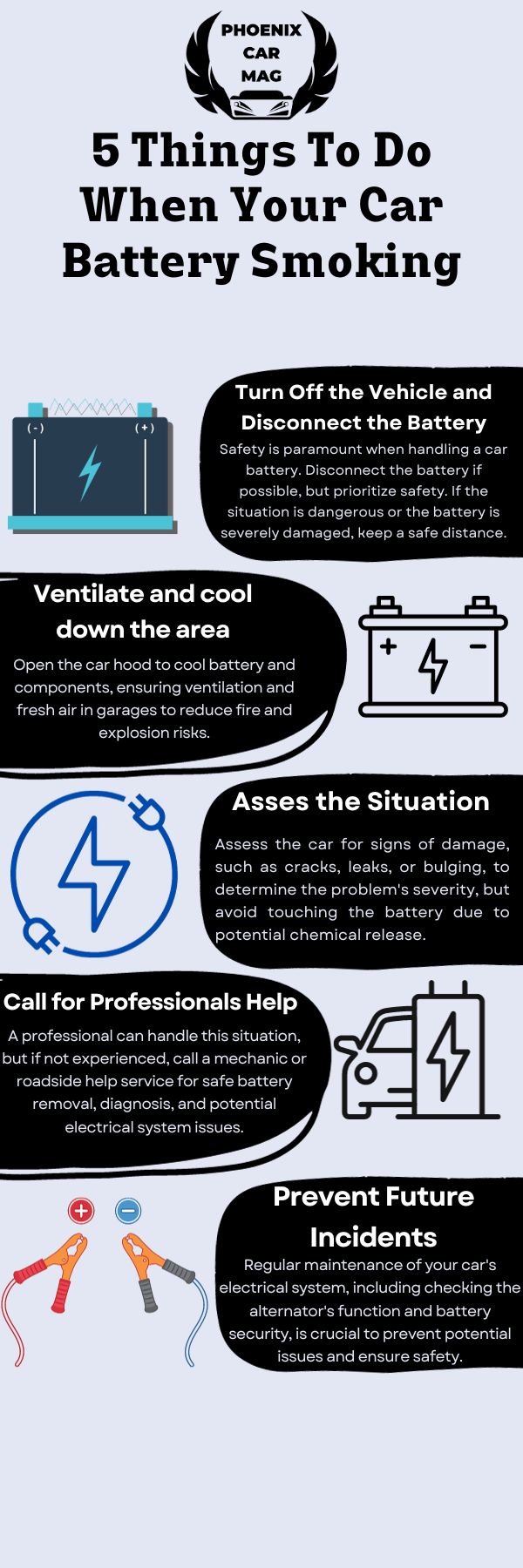An infographic for what to do when your car battery is smoking? 
