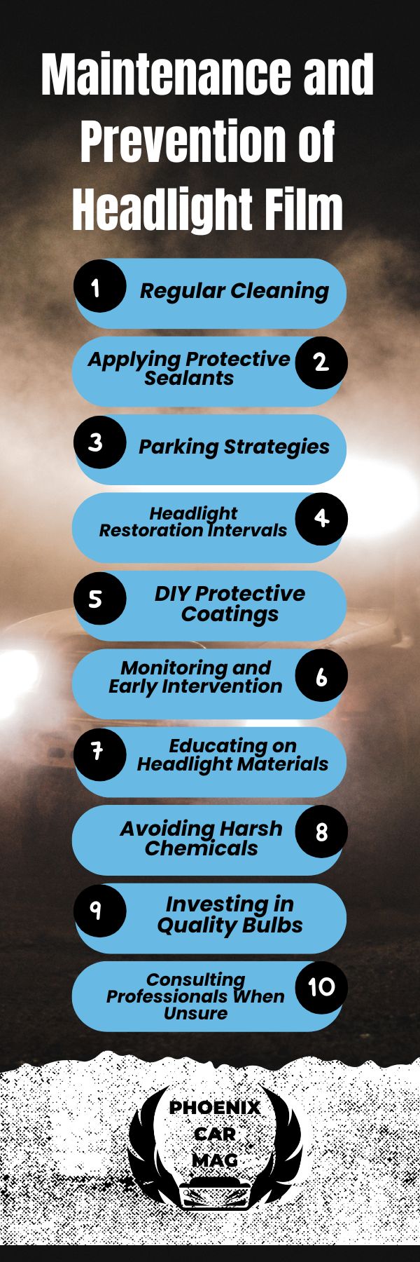 an infographic about Maintenance and Prevention of Headlight Film